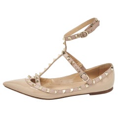 Valentino Beige Patent and Leather Rockstud Ballet Flats Size 38