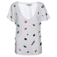 Stella McCartney Weißes T-Shirt aus Baumwolle mit V-Ausschnitt und Natursteinen in Weiß S