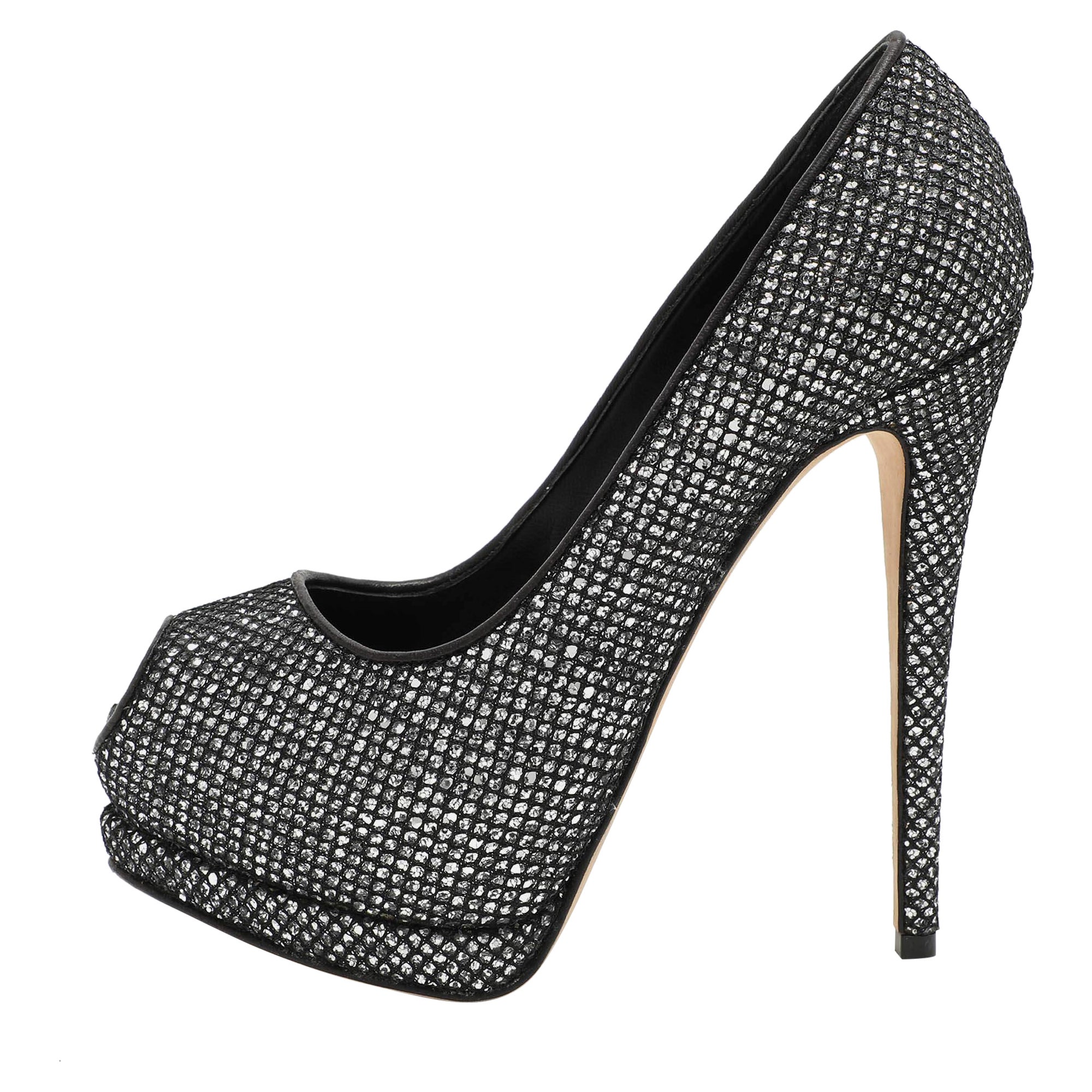 Giuseppe Zanotti Silver/Black Glitter and Leather Platform Pumps Taglia 38 in vendita