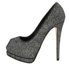 Giuseppe Zanotti Silver/Black Glitter and Leather Platform Pumps Taglia 38