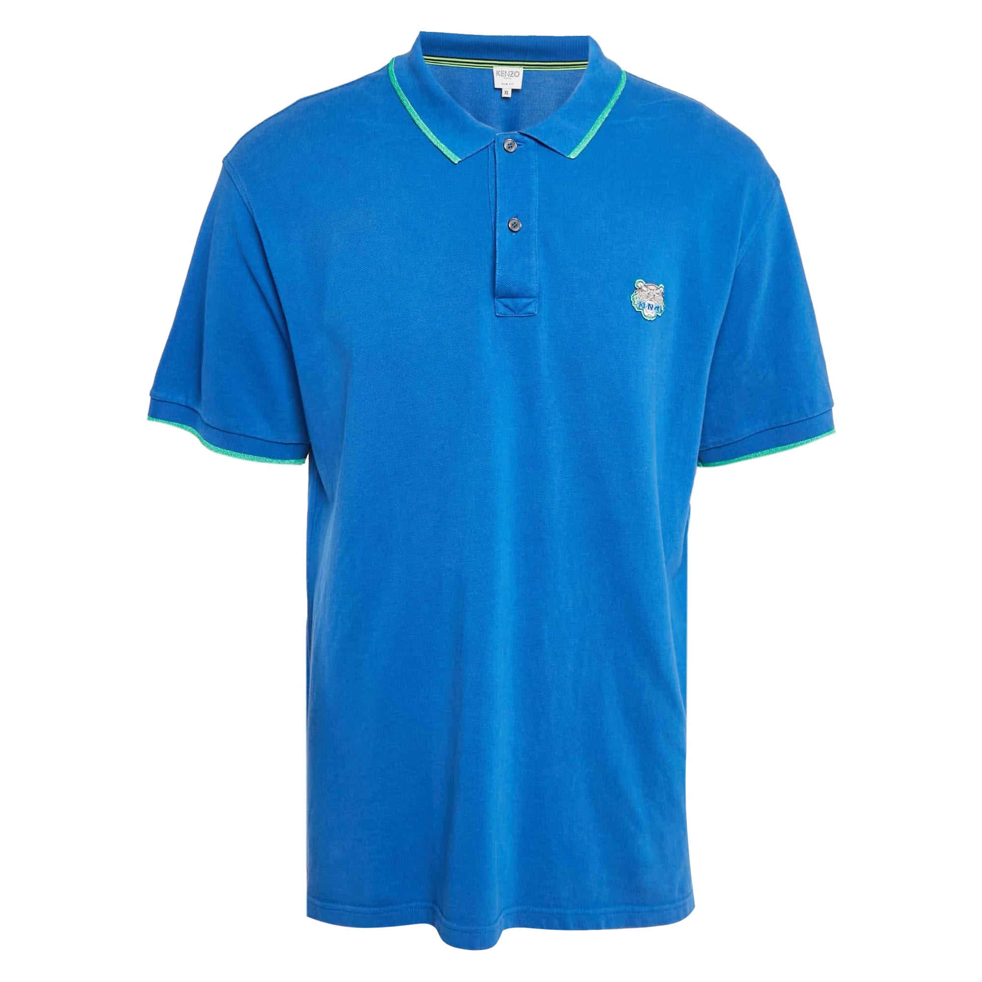 Kenzo Blue Tiger Applique Cotton Pique Polo T-Shirt XL For Sale