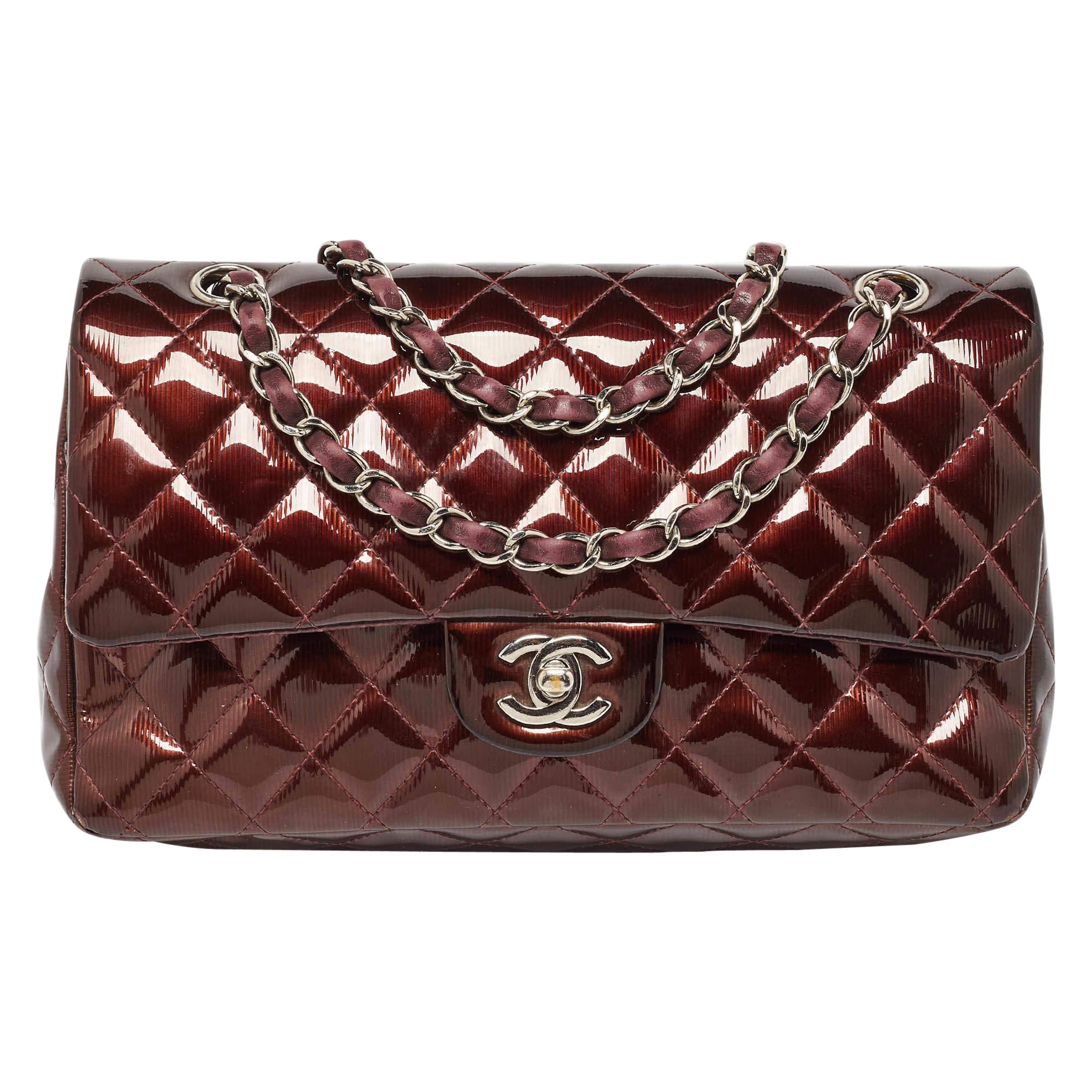 Chanel Brown Patent Leather Medium Classic Double Flap Bag For Sale