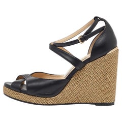 Jimmy Choo Black Leather Cross Strap Wedge Sandals Size 38
