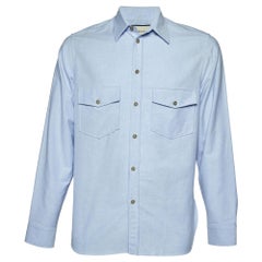 Gucci - Camicia a maniche lunghe in cotone blu con logo ricamato - S