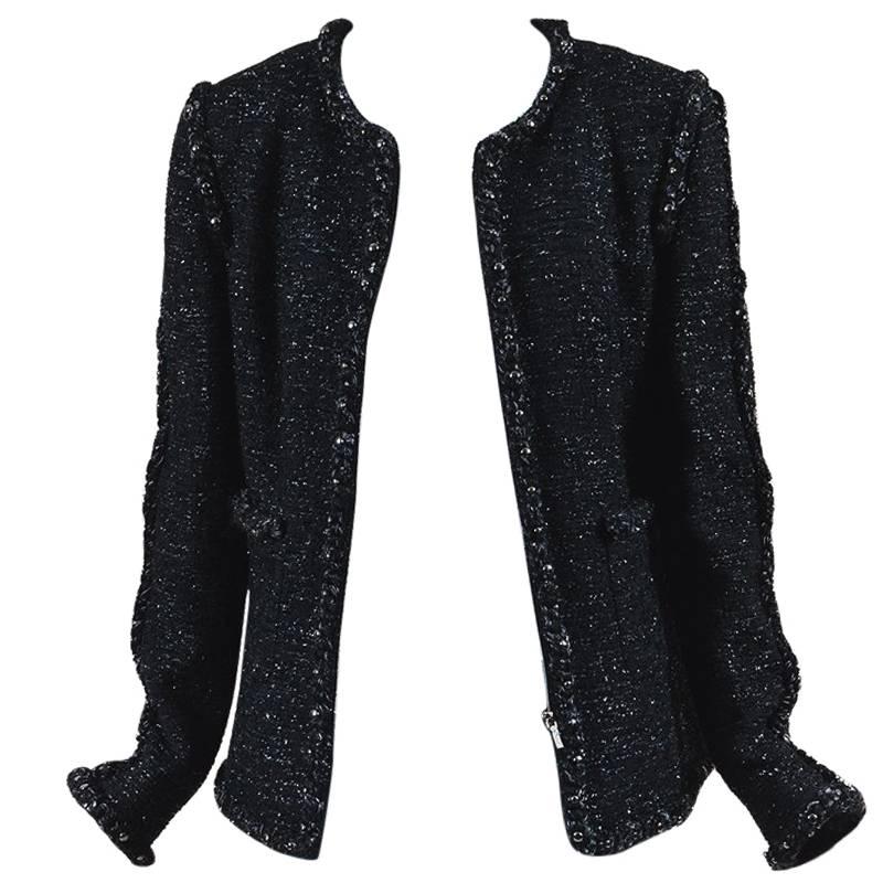 Chanel Black Metallic Silver Wool Blend Tweed Embellished Jacket  For Sale