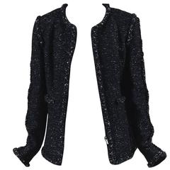 Chanel Black Metallic Silver Wool Blend Tweed Embellished Jacket 