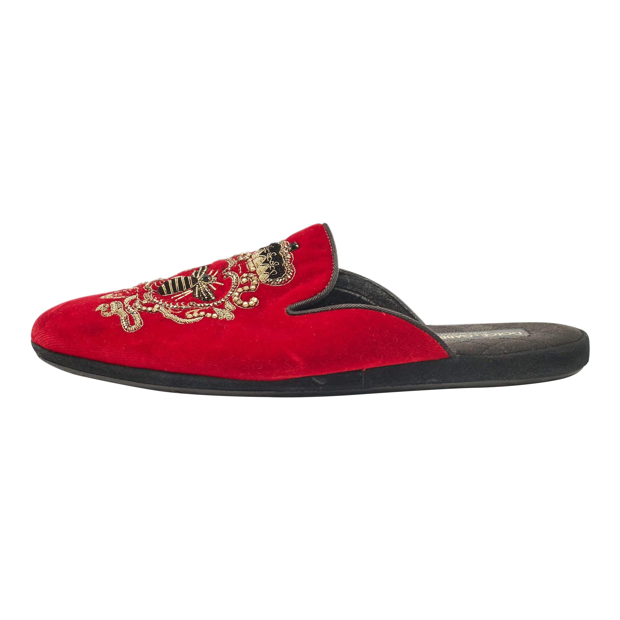 Dolce & Gabbana Red Velvet Embroidered Mules Size 41 For Sale