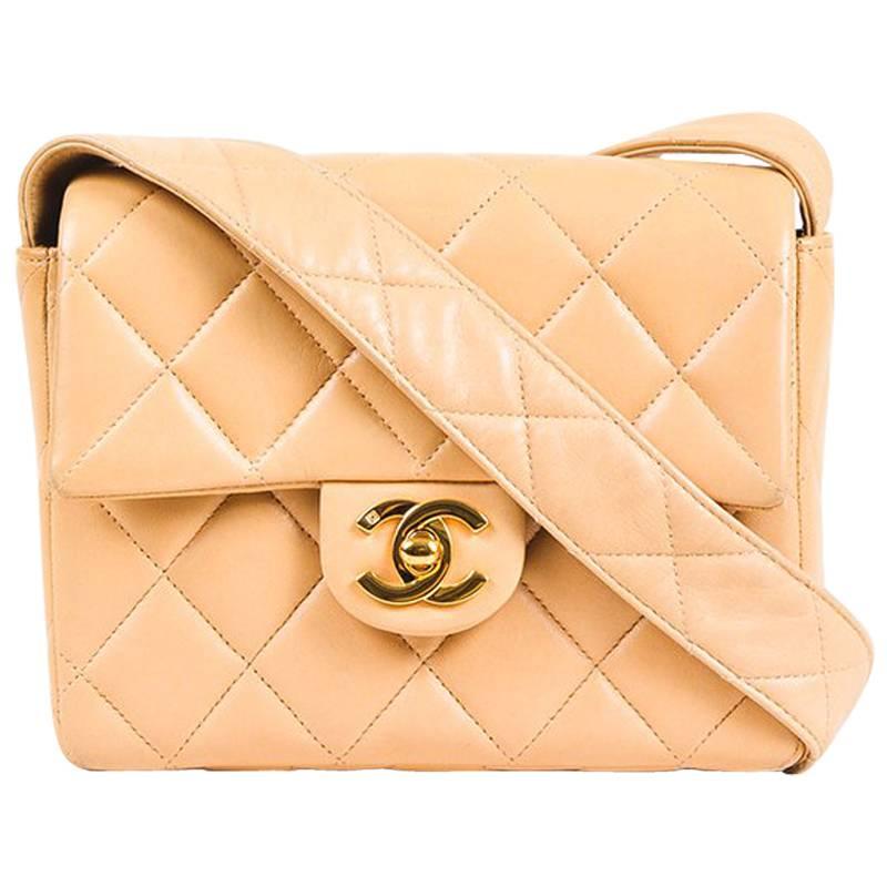 Vintage Chanel Tan Leather Diamond Quilted Box Flap Shoulder Bag For Sale