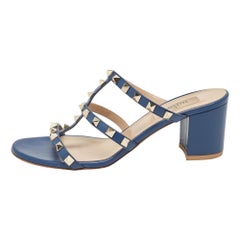 Valentino Blue Leather Rockstud Slide Sandals Size 37