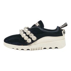 Miu Miu Navy Blue Velvet Crystal Embellished Slip On Sneakers Size 35.5