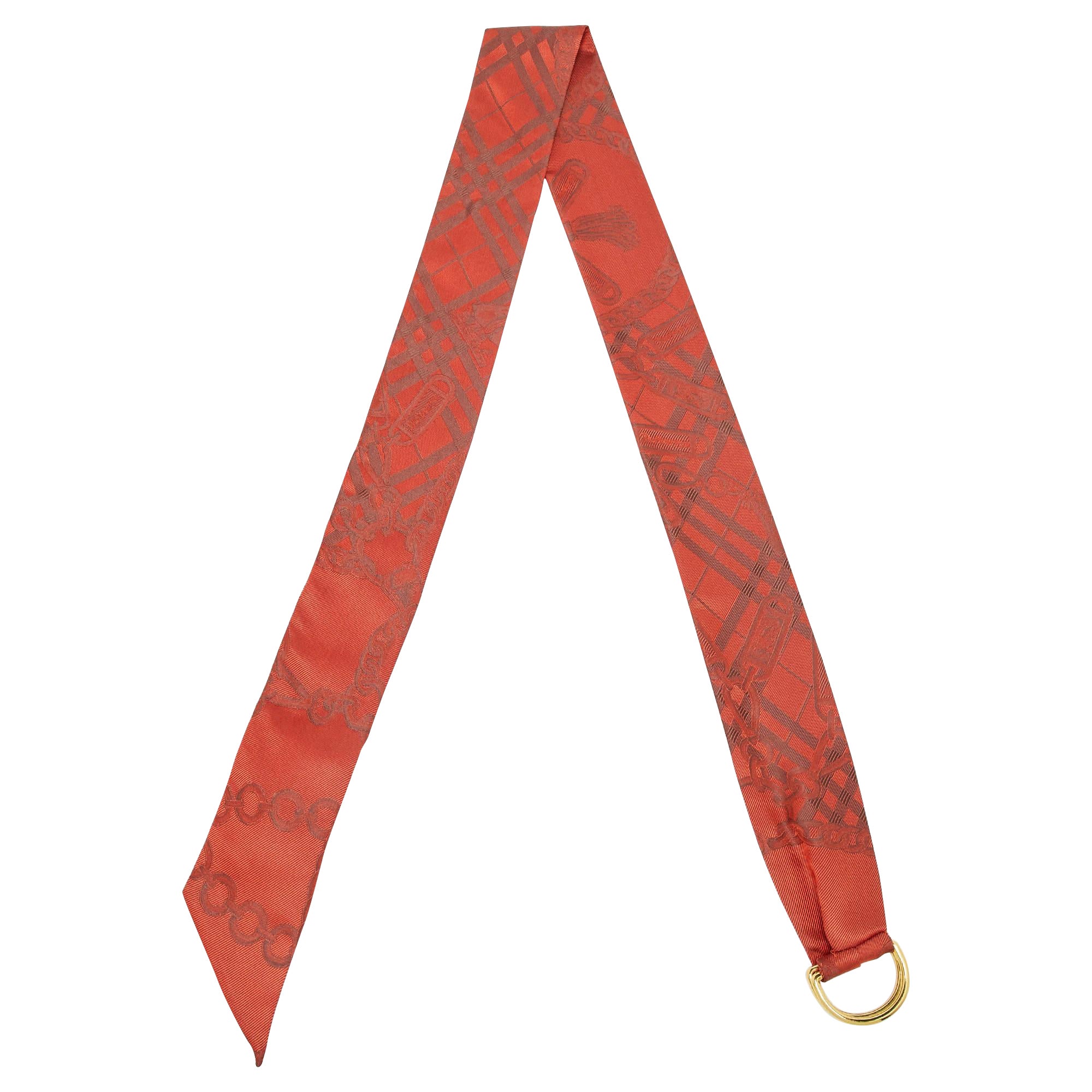 Burberry Red D-Ring Detail Chain Silk Jacquard Ribbon Scarf For Sale