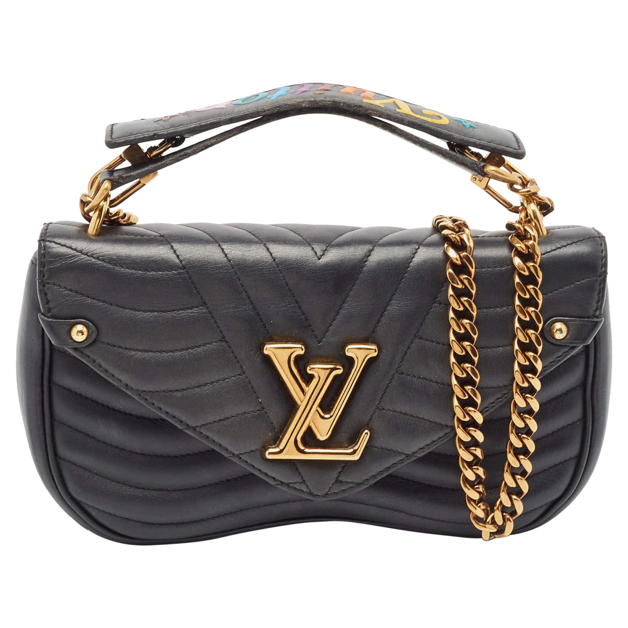 Louis Vuitton Black Leather Chain New Wave MM Bag For Sale