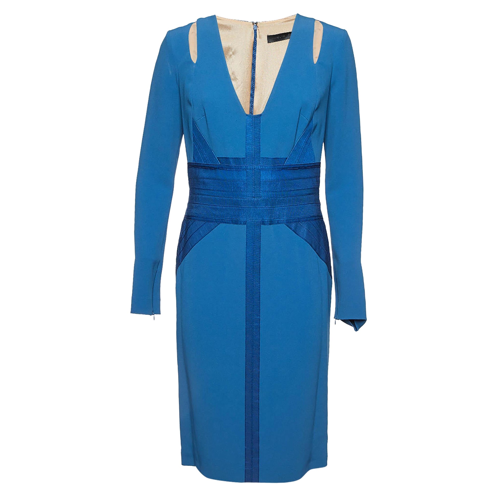 Elie Saab Blue Crepe Long Sleeve Midi Dress M