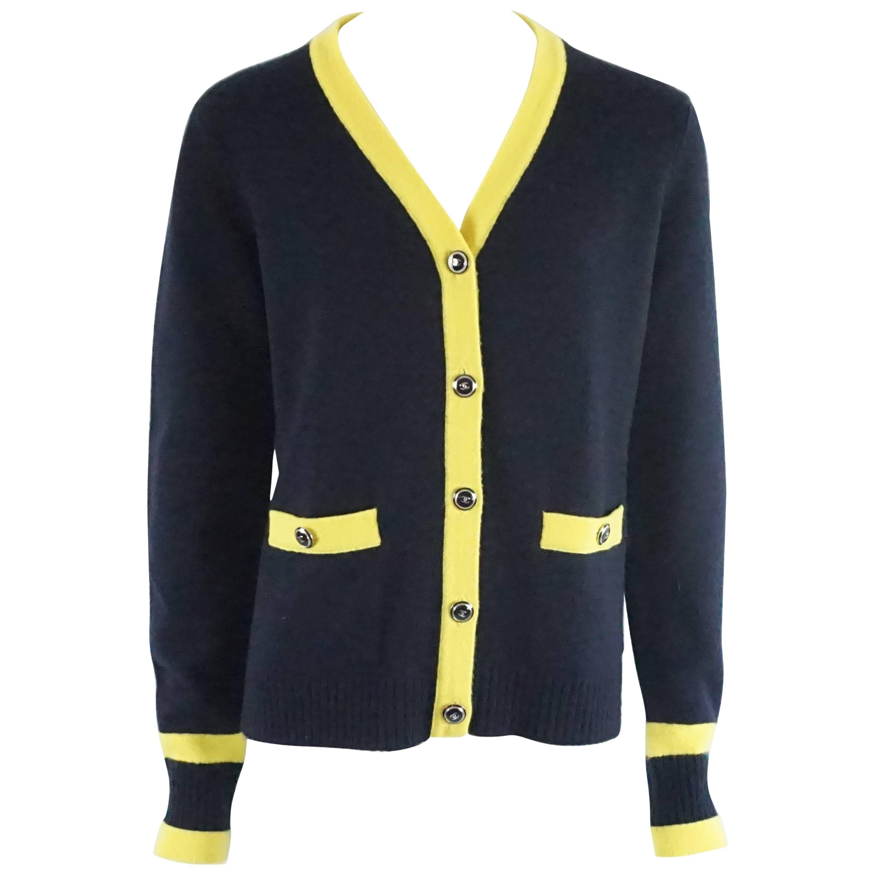 Chanel Navy and Yellow Trim Cashmere Sweater - 42