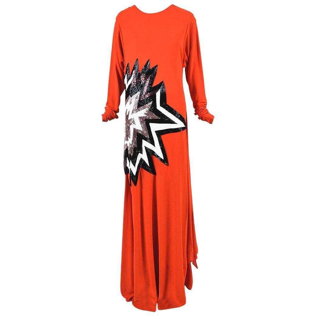 Tom Ford Orange Black & White Long Sleeve Sequined Star Gown  For Sale