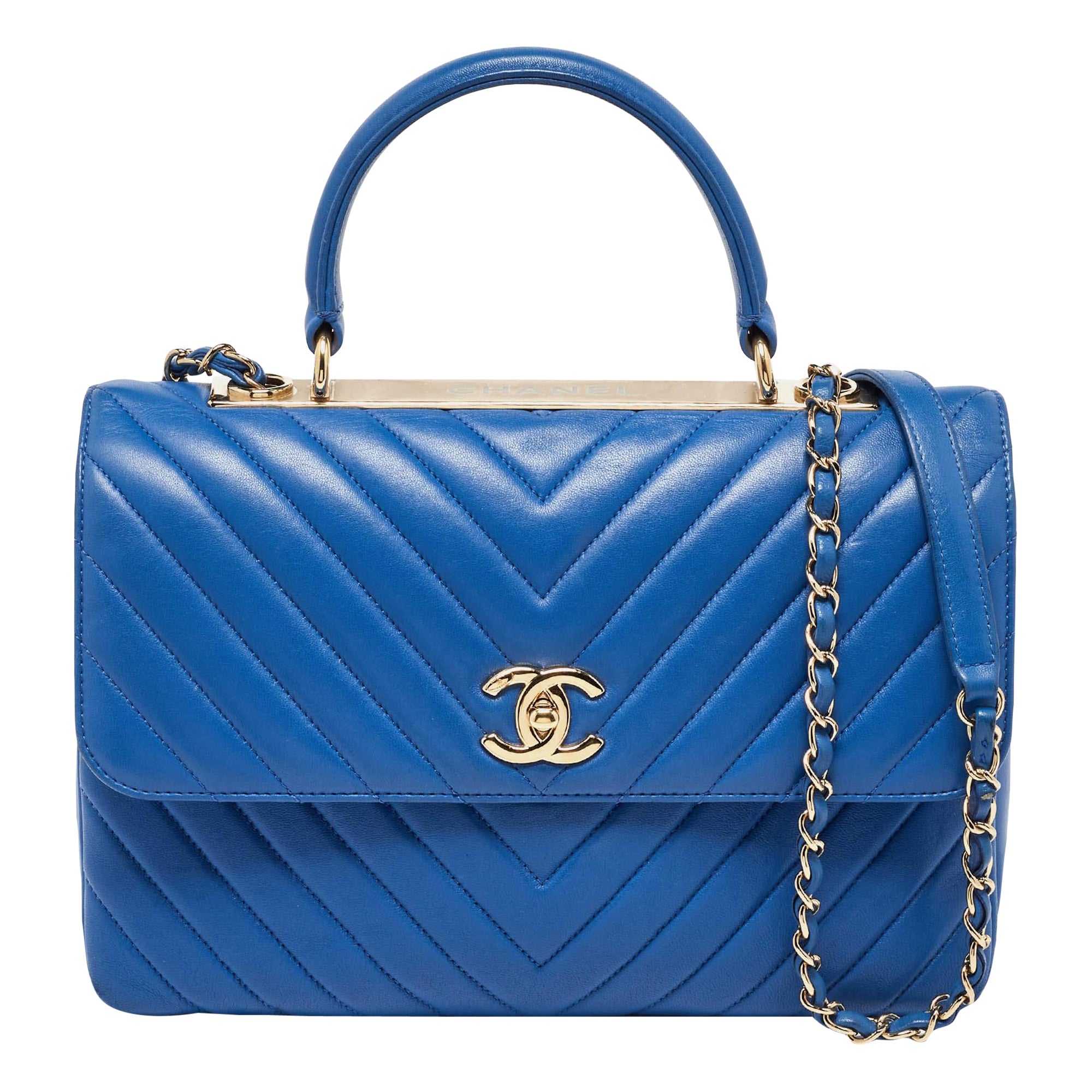 Chanel Blue Chevron Leather Medium Trendy CC Flap Bag For Sale