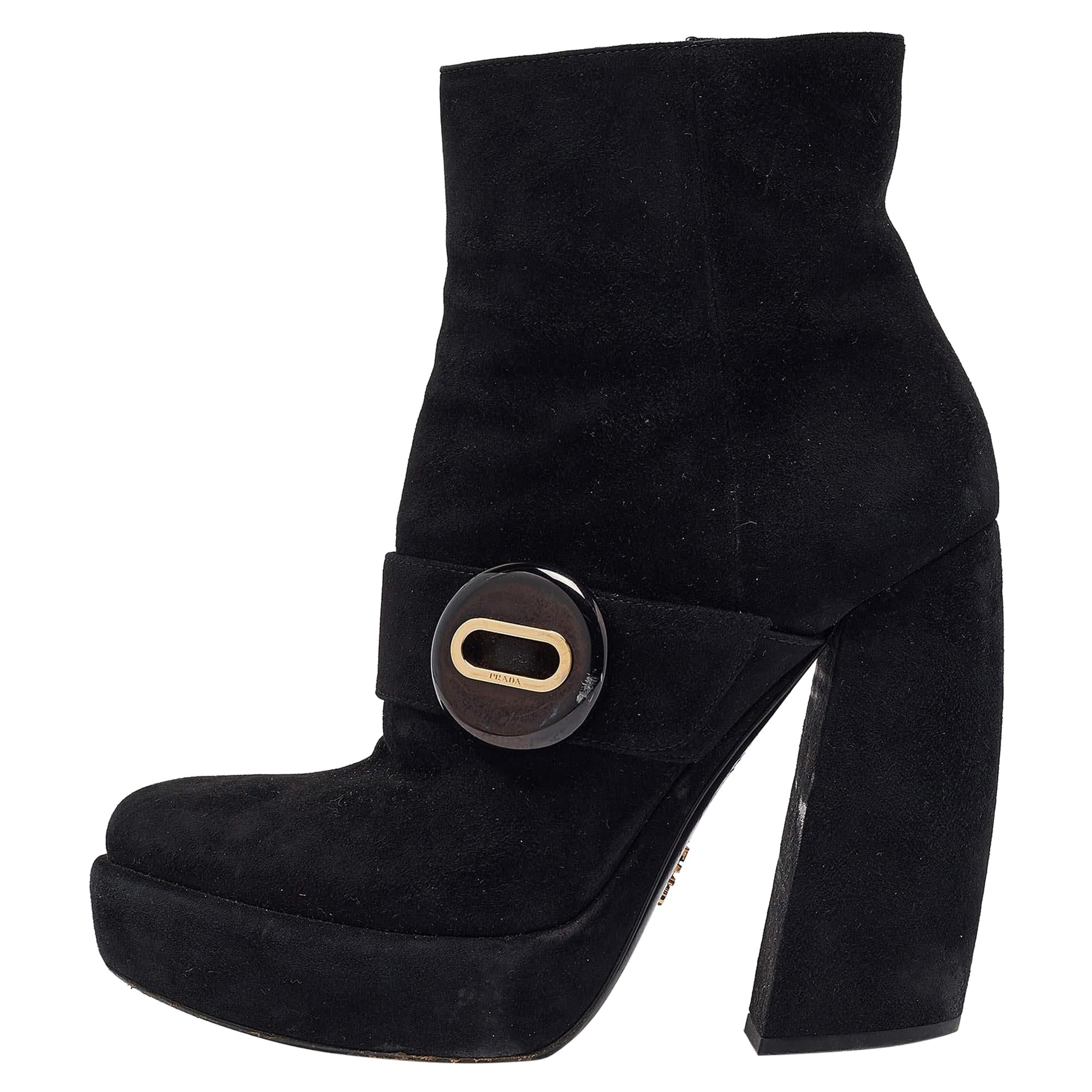 Prada Black Suede Zip Ankle Boots Size 37