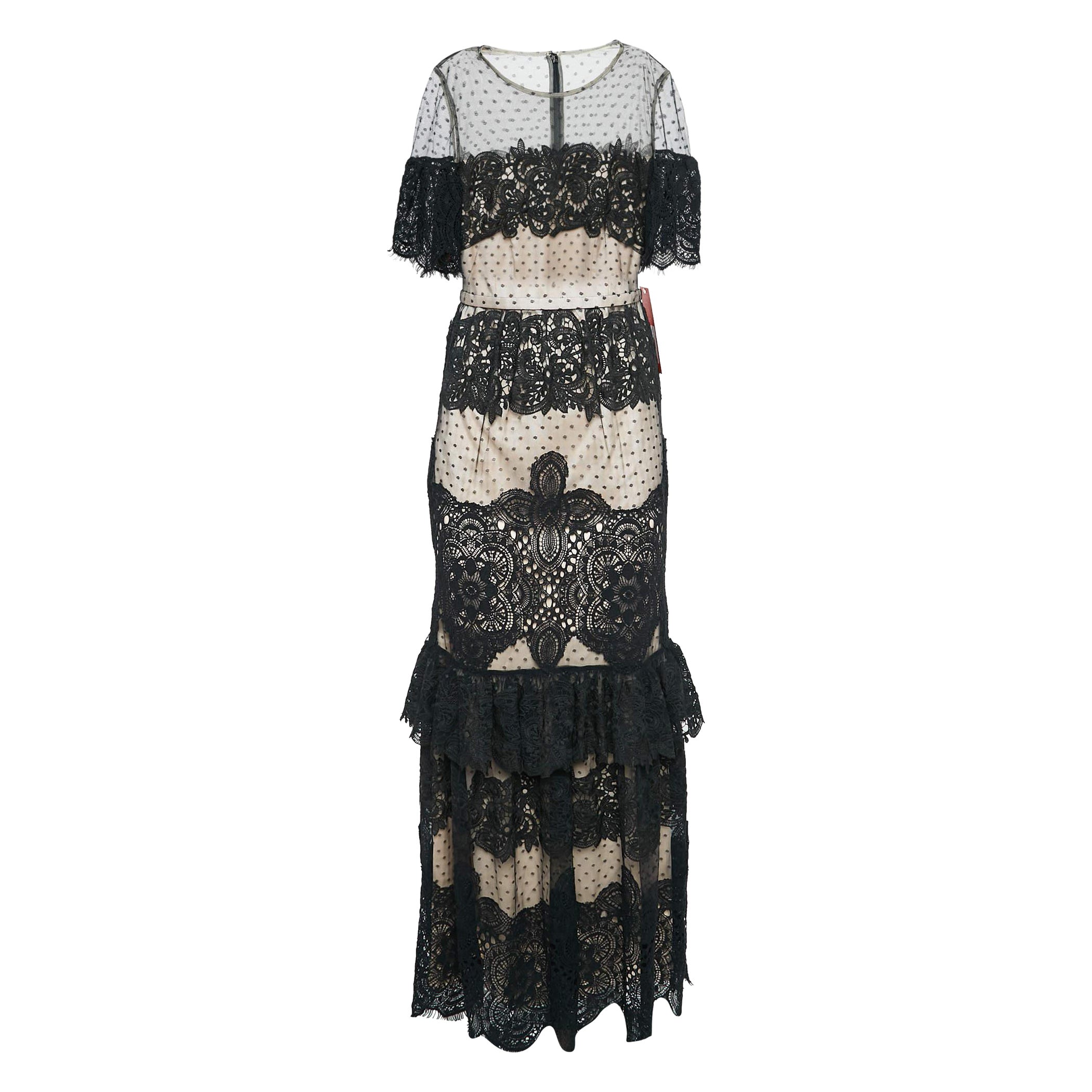 Monique Lhuillier Black Lace Short Sleeve Maxi Dress S
