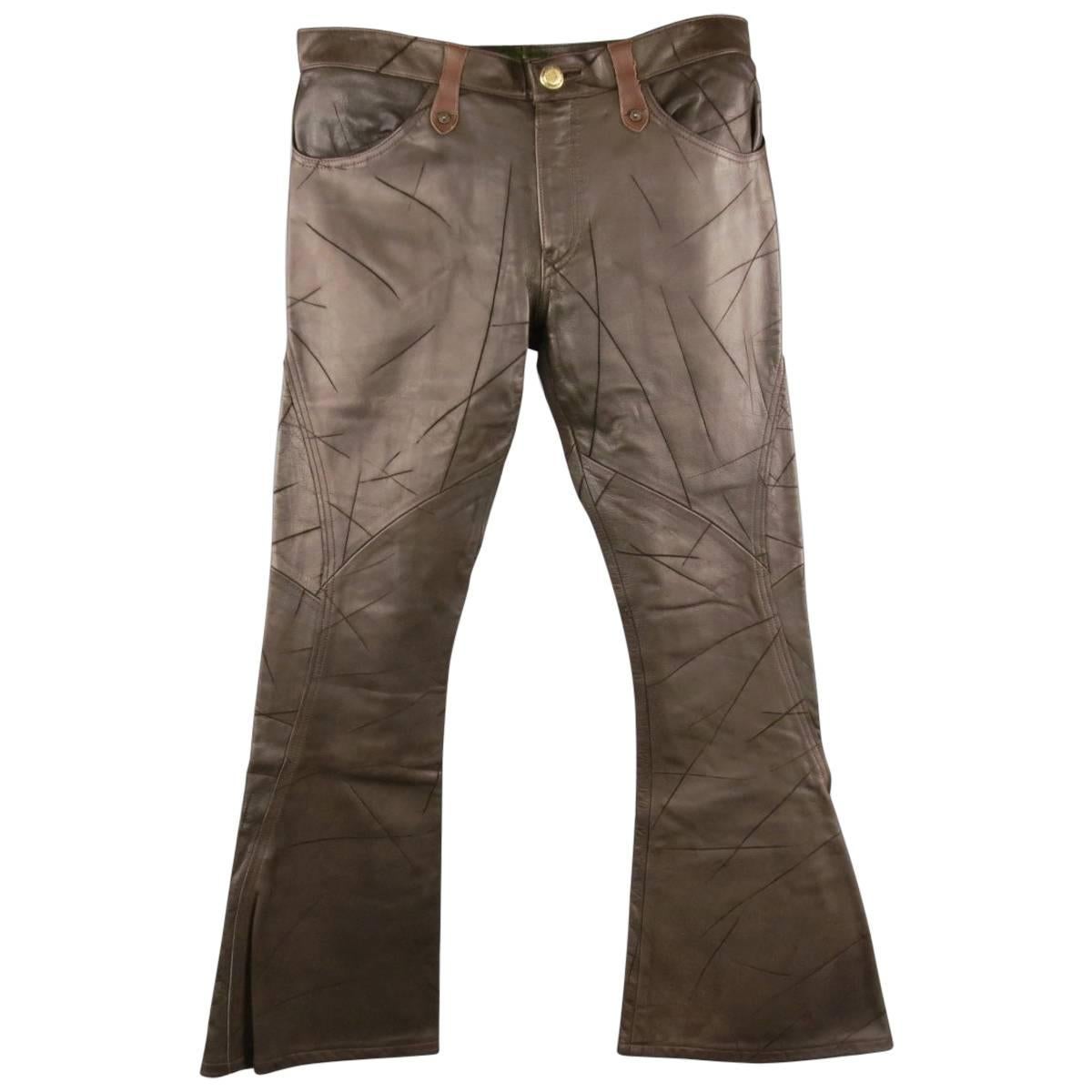 OBELISK Size 32 Brown Distressed Leather Bell Bottom Jeans