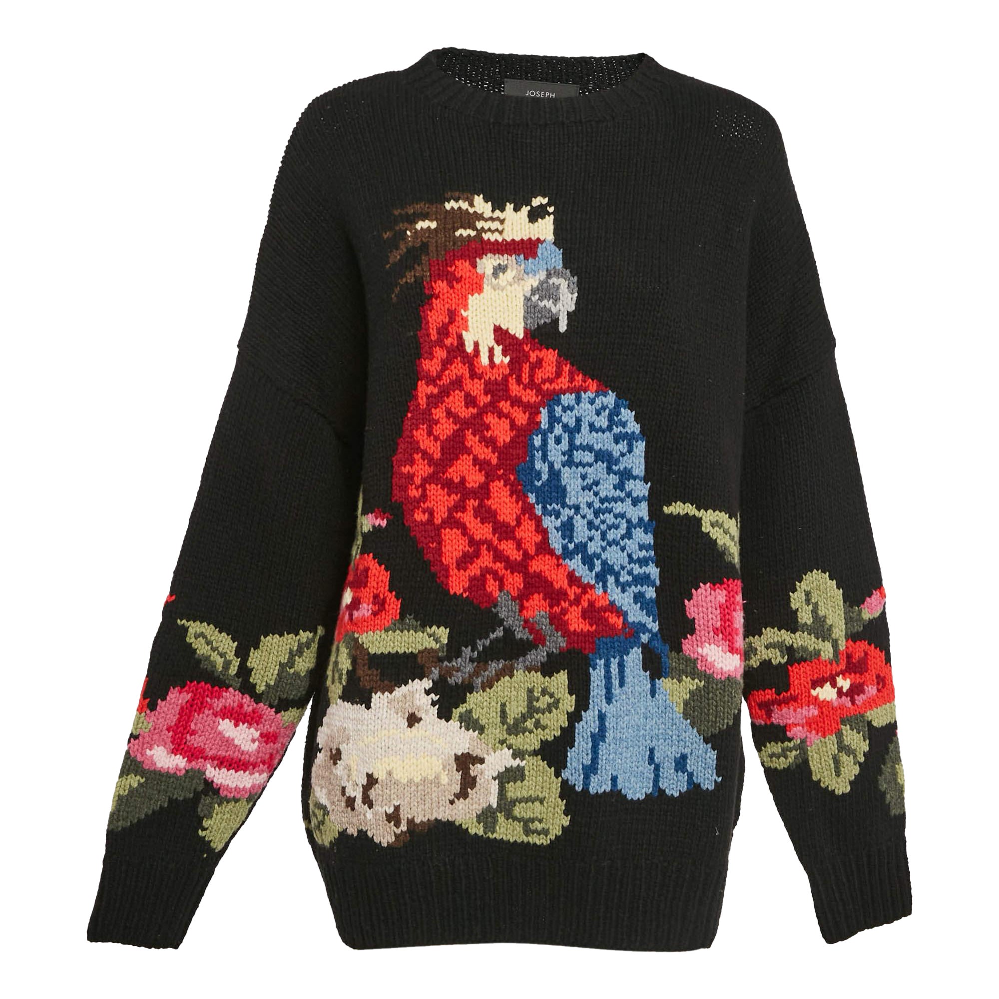 Joseph Black Parrot Sweet Flower Handknit Sweater S For Sale