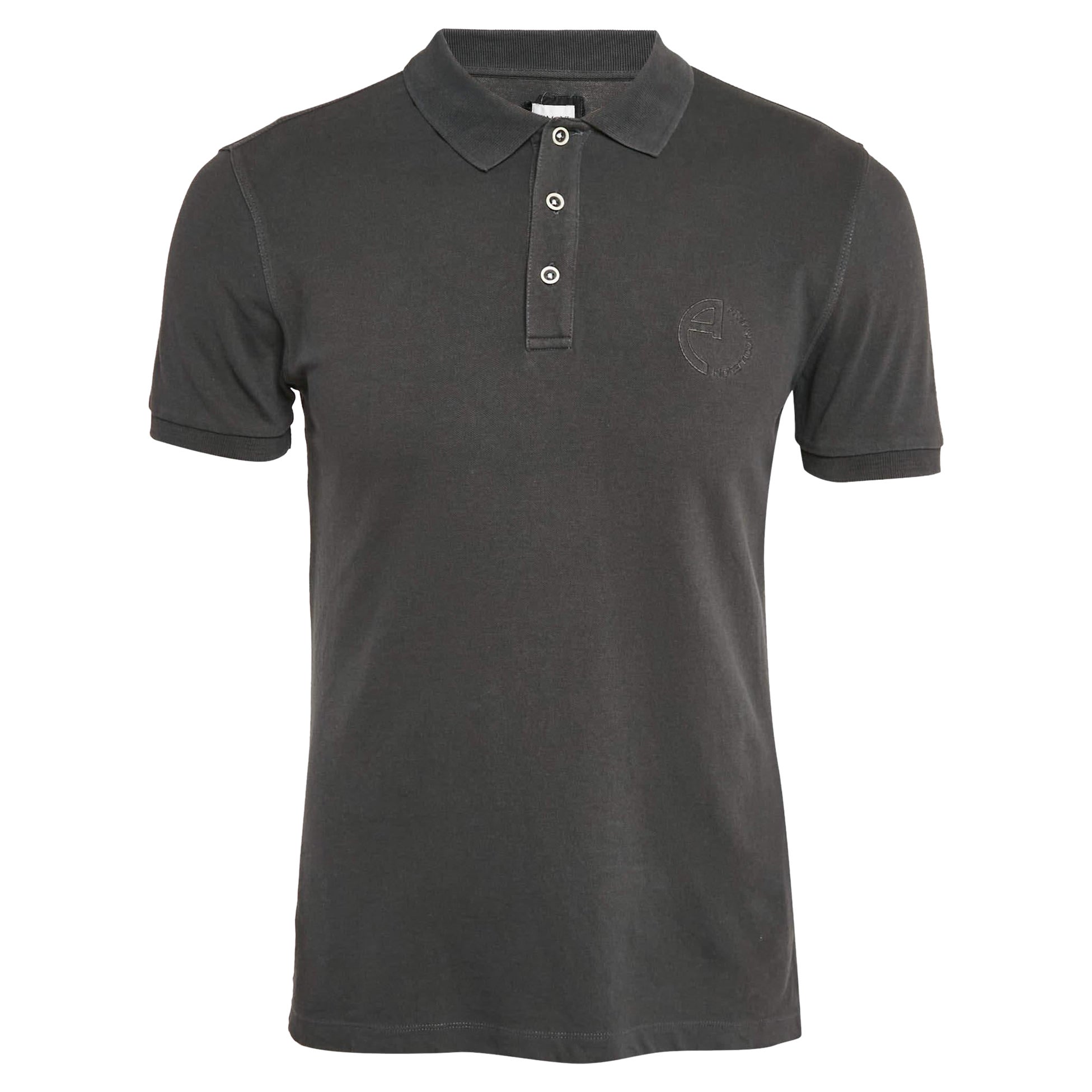 Armani Collezioni Grey Logo Embroidered Cotton Pique Polo T-Shirt L For Sale