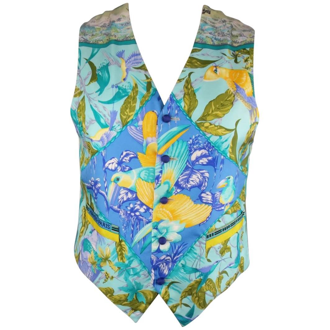 BRENDA KETT 38 Aqua & Purple Tropical Birds Print Silk HERMES Scarf Front Vest
