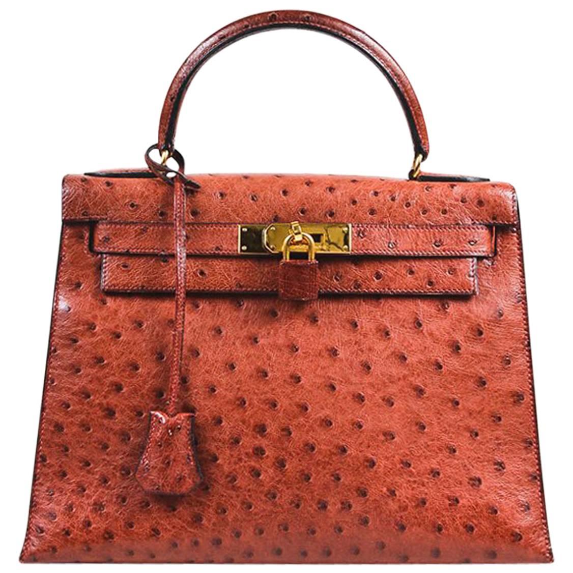 Vintage Hermes "Rouge H" Ostrich Gold Tone "Kelly Sellier 28" Top Handle Bag For Sale