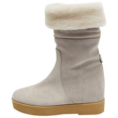 Salvatore Ferragamo Grey Shearling Suede Mid Calf Boots Size 38.5