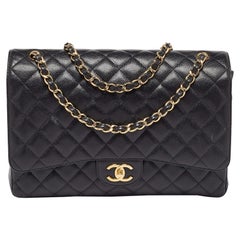 Chanel Caviar Negro Piel Acolchada Jumbo Bolso Clásico Doble Solapa