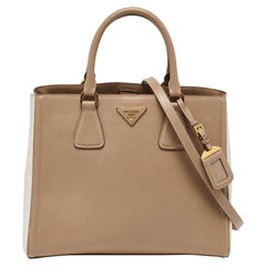 Prada Beige/White Saffiano Lux Leather Open Tote