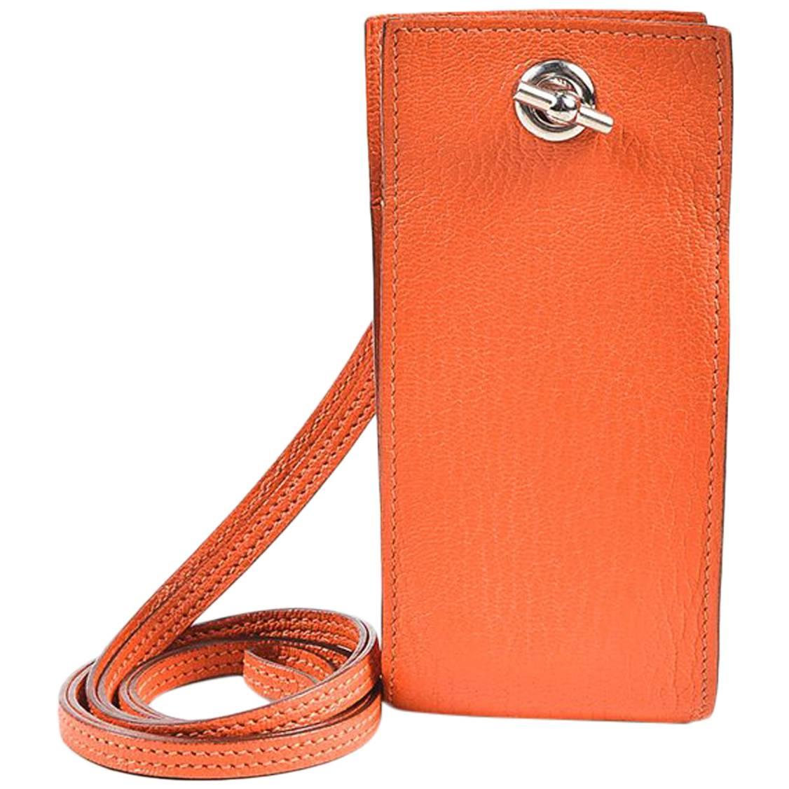 Hermes Orange Chevre Mysore Leather "Planet" Shoulder Strap Phone Case For Sale