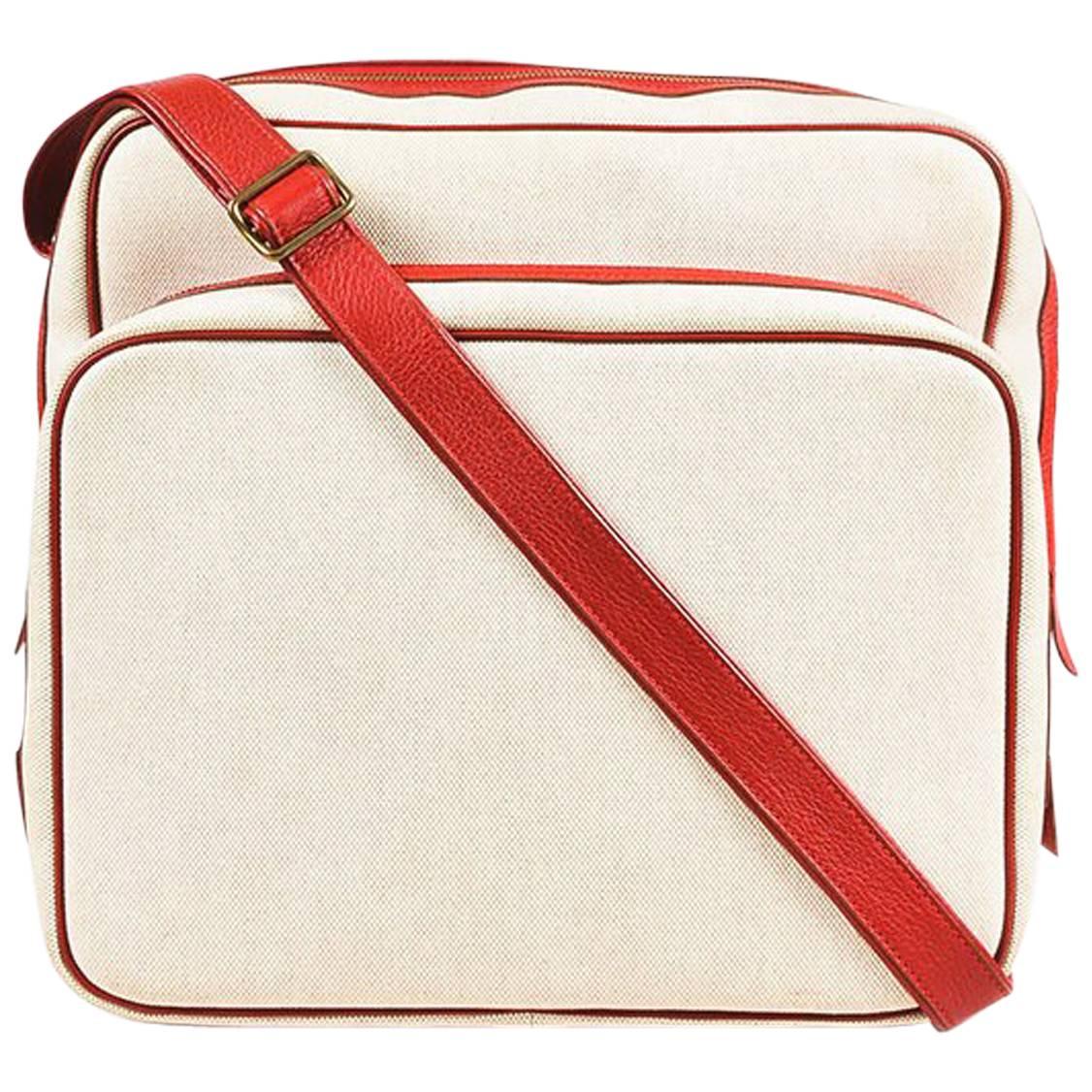 Hermes Beige & Red Canvas & Leather "Caleche Express" Bag For Sale