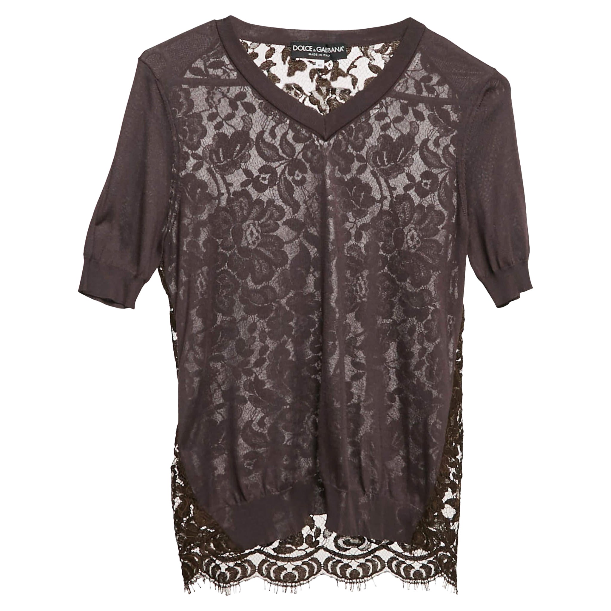 Dolce & Gabbana Top marrón de punto y encaje con cuello en V S
