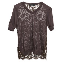 Dolce & Gabbana Brown Jersey and Lace V-Neck Top S