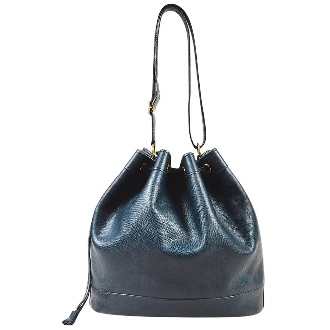 Vintage Hermes Navy Blue Grained Leather Drawstring "Market" Bucket Bag For Sale