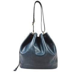 Retro Hermes Navy Blue Grained Leather Drawstring "Market" Bucket Bag