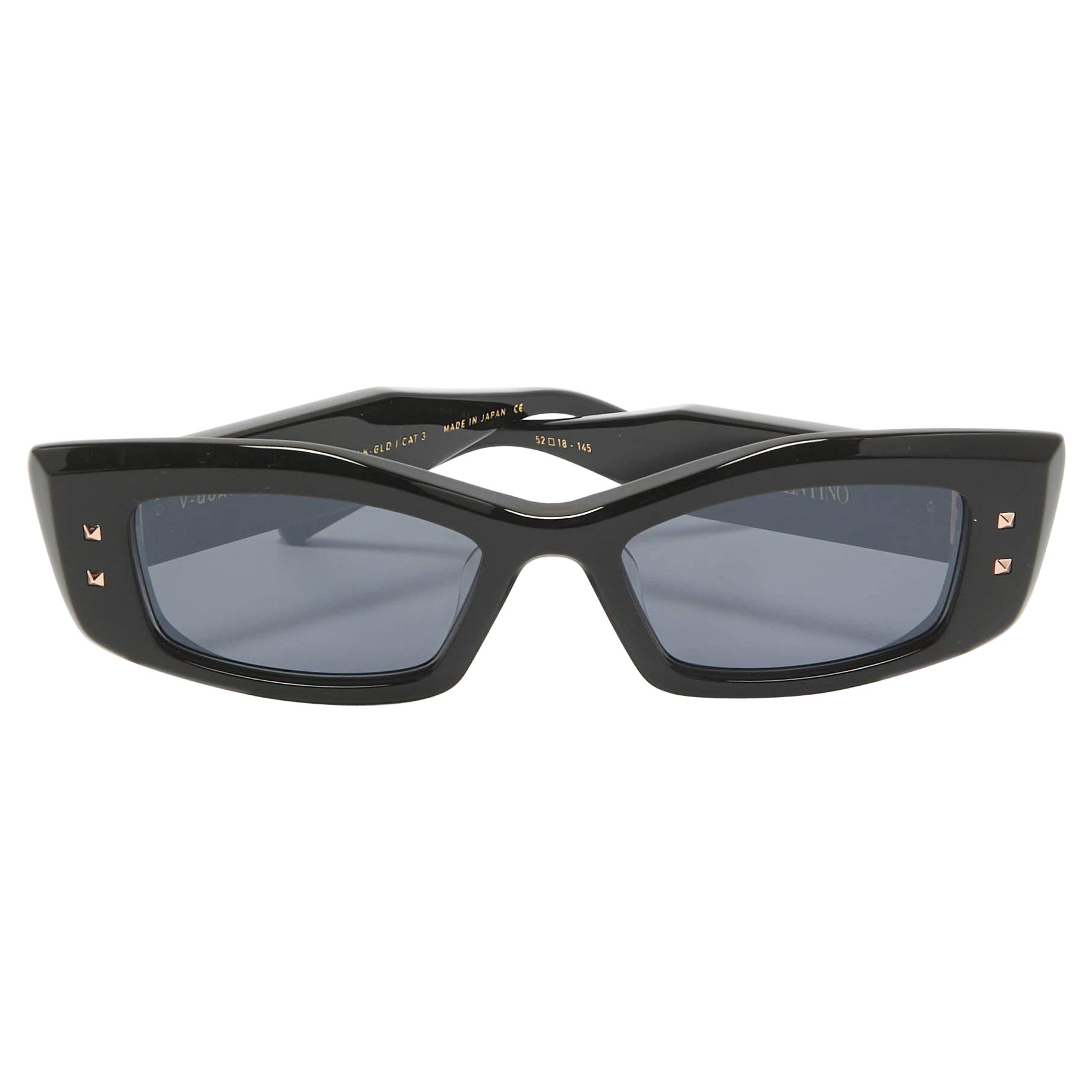 Valentino Black Rockstud V-Quattro Rectangle Sunglasses For Sale