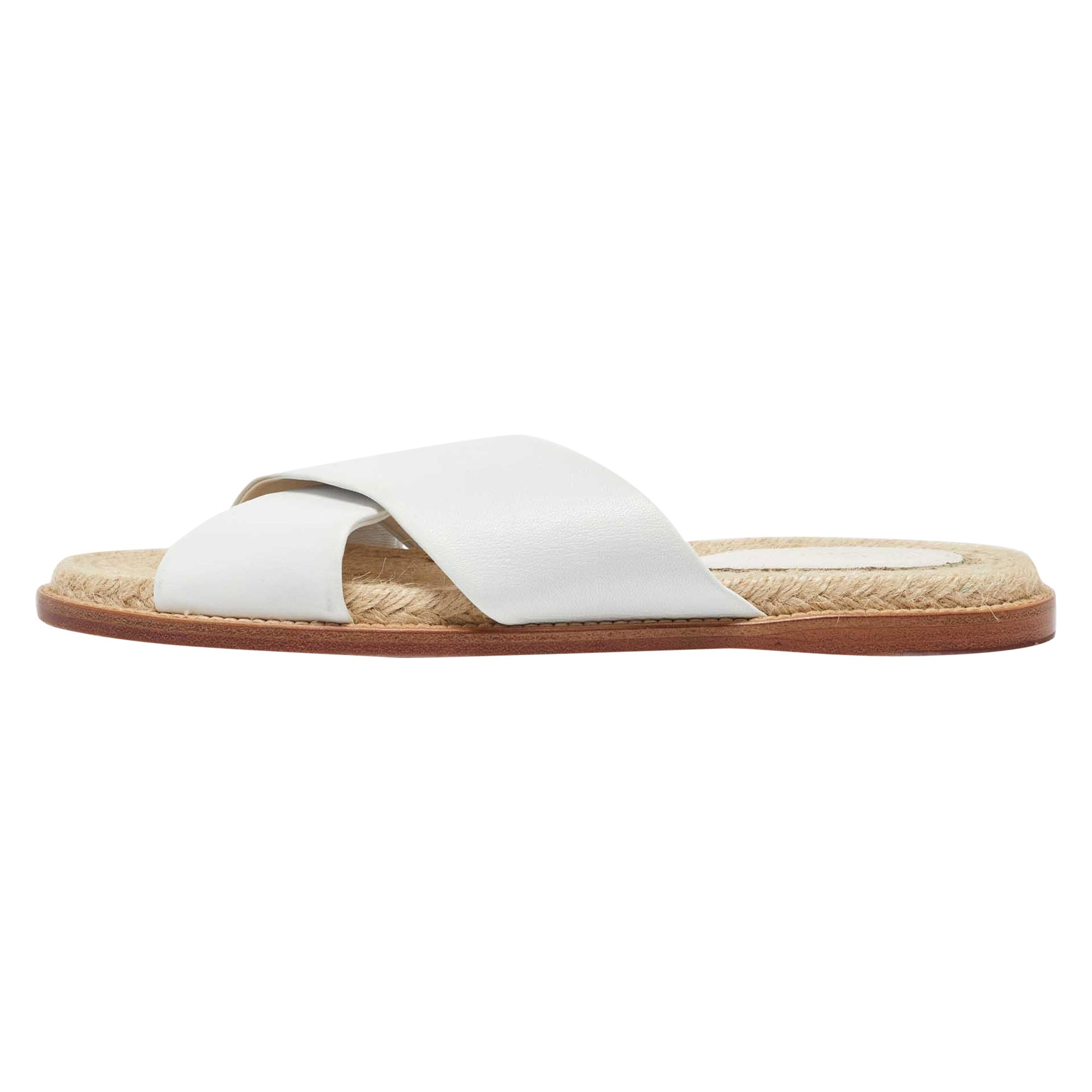 Loro Piana White Leather Cross Strap Espadrille Flats Size 40 For Sale