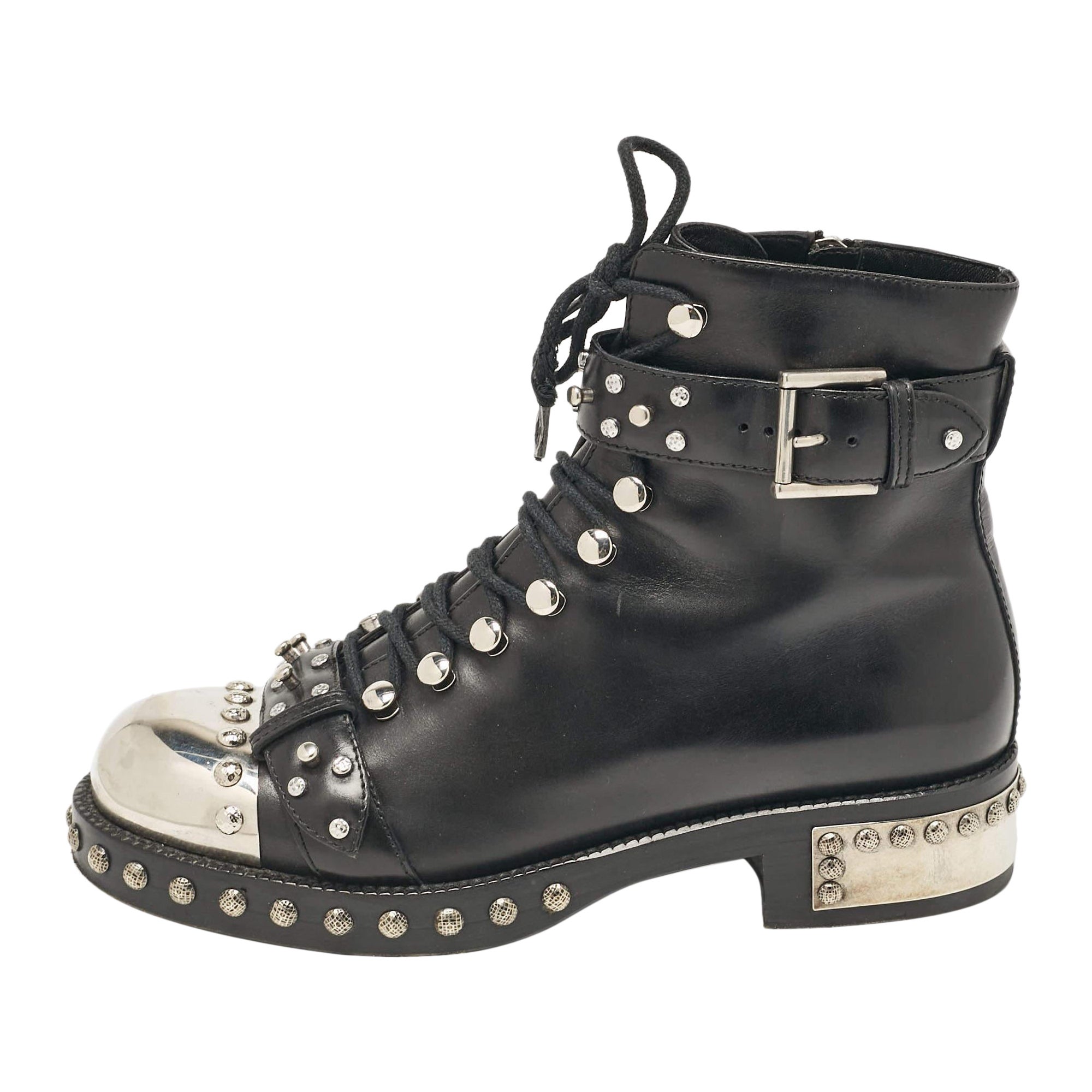 Alexander McQueen Black Leather Hobnail Ankle Length Boots Size 38