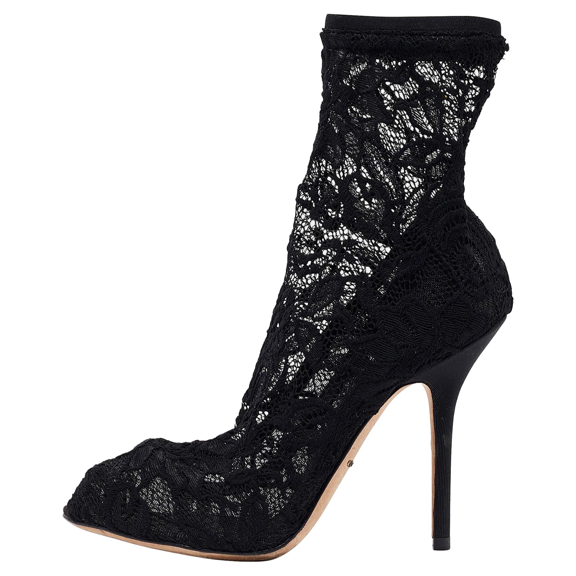 Dolce & Gabbana Black Stretch Lace and Mesh Ankle Length Boots Size 36