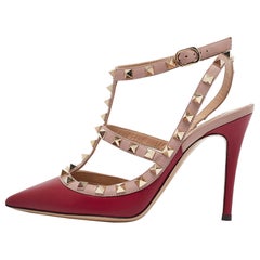 Valentino Burgundy/Dusty Pink Leather Rockstud Ankle Strap Pumps Size 35.5