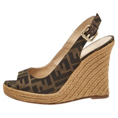 Fendi Tobacco Zucca Fabric Wedge Ankle Strap Sandals Size 40