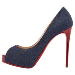 Christian Louboutin Navy Blue Denim Very Prive Peep Toe Pumps Size 35.5