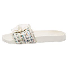 Chanel Multicolor Camellia Tweed CC  Flat Slides Size 40