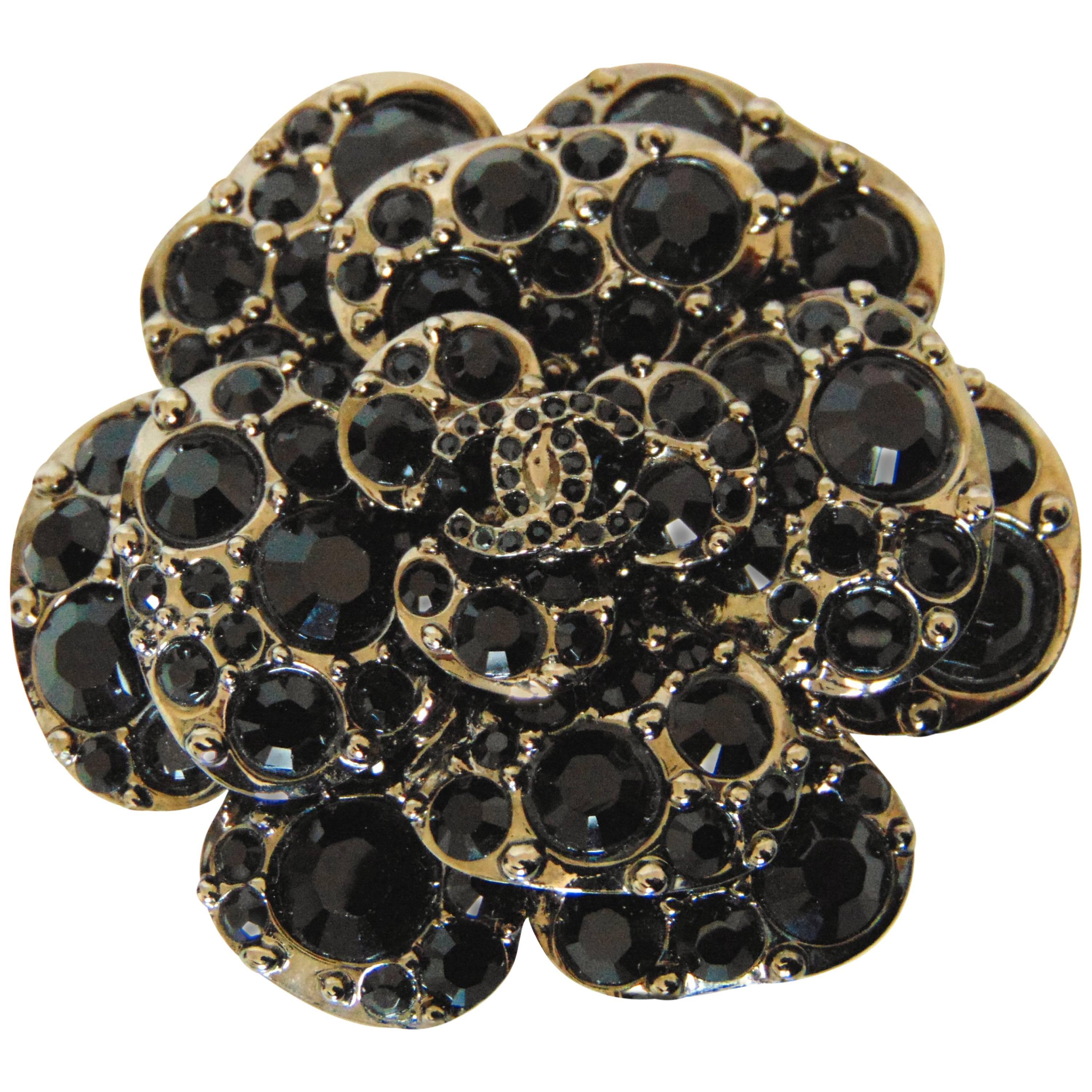 Unusual Chanel Camellia Brooch Pin with Black Crystals 12A Collection 