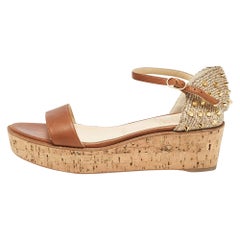 Christian Louboutin Brown Leather and Tweed Spike Wedge Sandals Size 38