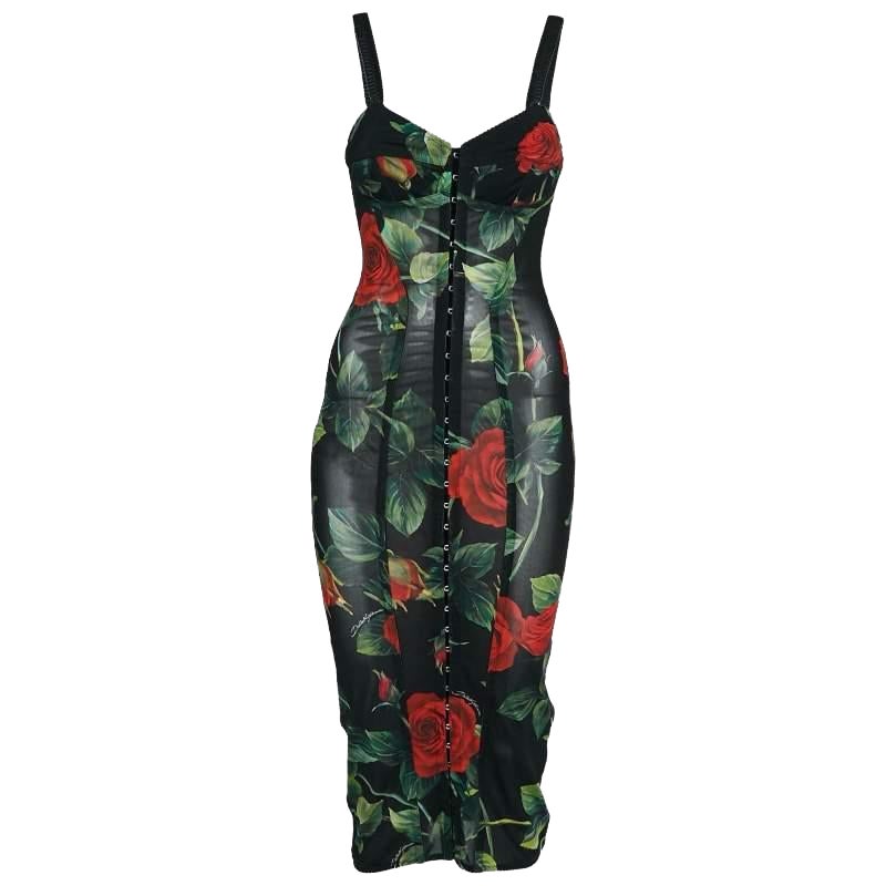 Dolce & Gabbana Black Rose Print Stretch Mesh Sheer Bodycon Dress XS For Sale