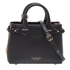 Burberry Black/Beige Leather and House Check Fabric Small Banner Tote