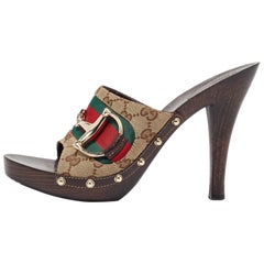 Gucci Brown GG Canvas and Leather Web Horsebit Wooden Platform Sandals Size 41 (Sandales à plateforme en bois en toile et cuir)