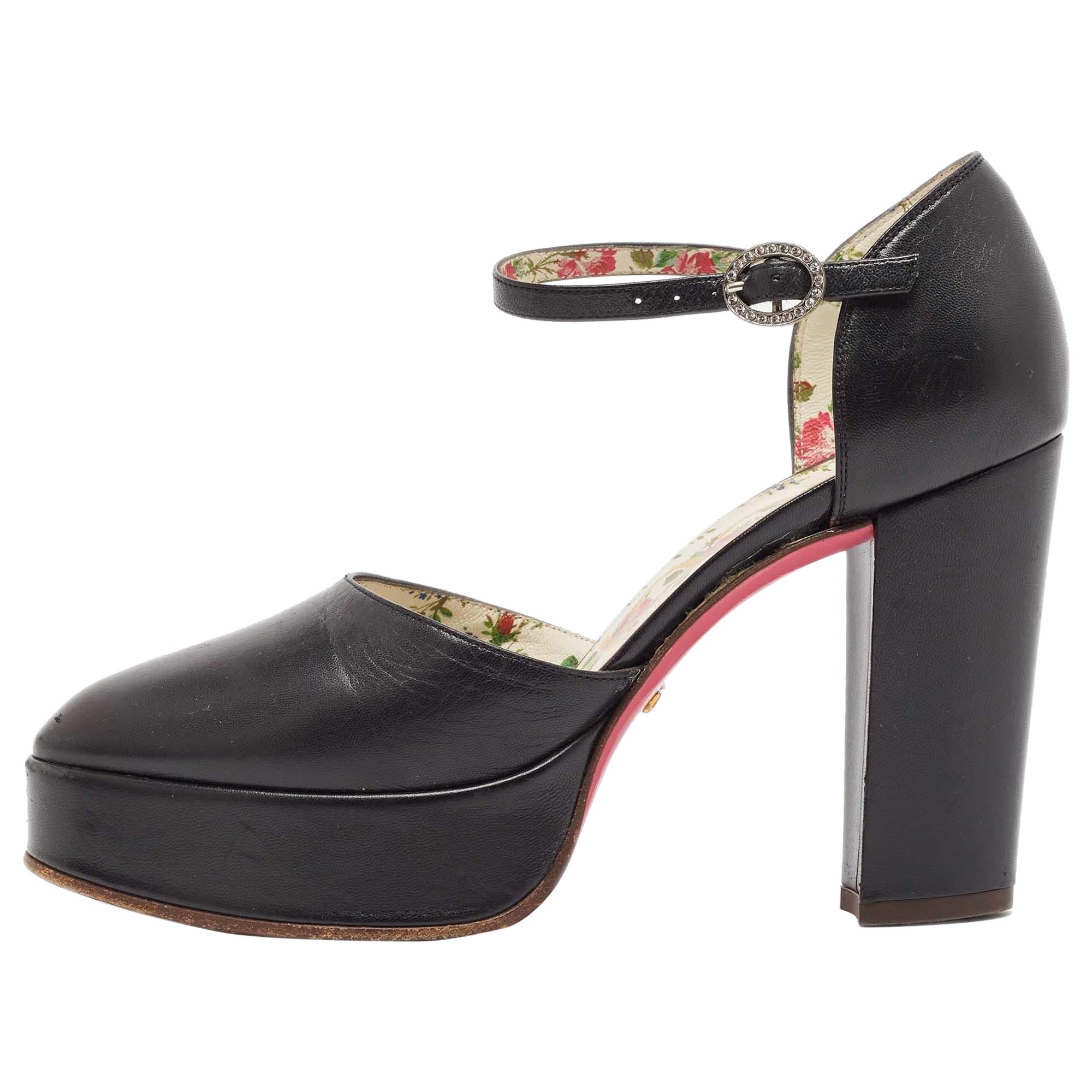 Gucci Black Leather Agon Mary Jane Pumps Size 36.5